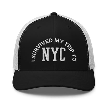 I Survived My Trip to NYC Embroidered Mesh Trucker Hat - Black/ White