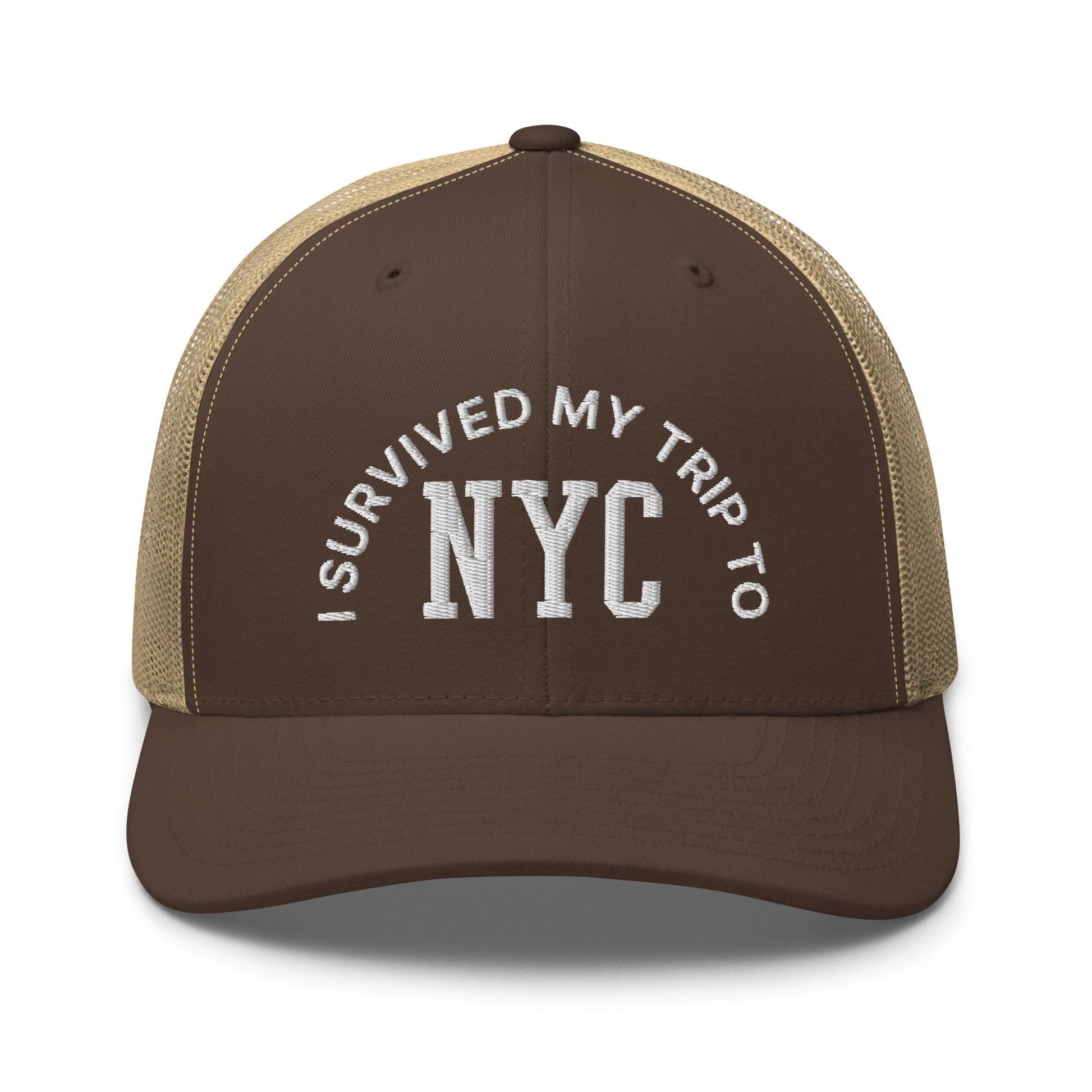 I Survived My Trip to NYC Embroidered Mesh Trucker Hat - Brown/ Khaki