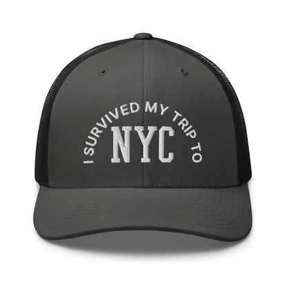 I Survived My Trip to NYC Embroidered Mesh Trucker Hat - Charcoal/ Black