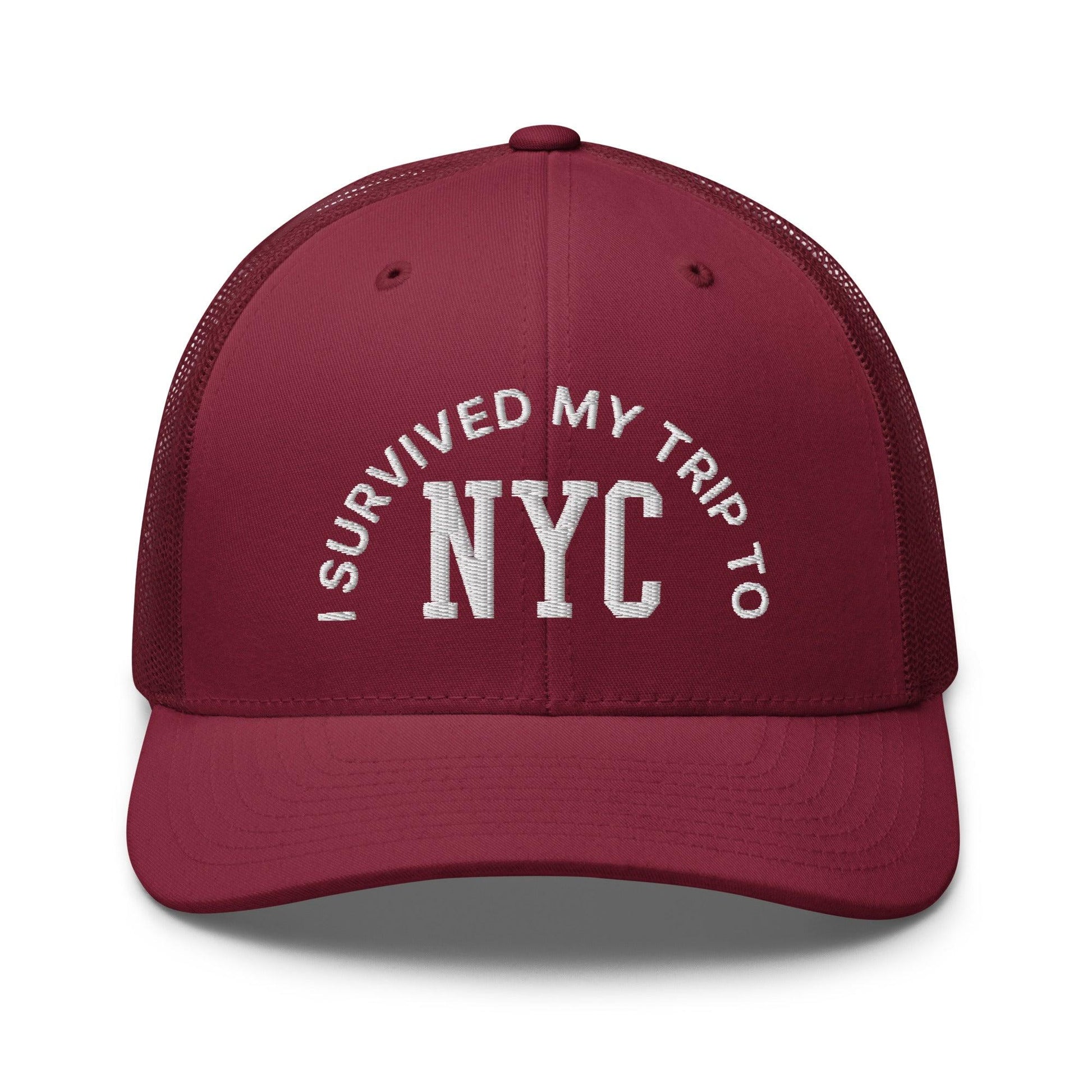 I Survived My Trip to NYC Embroidered Mesh Trucker Hat - Cranberry