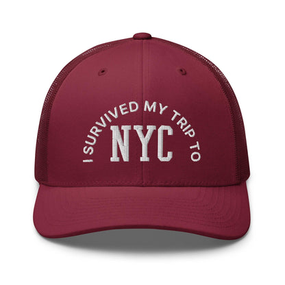 I Survived My Trip to NYC Embroidered Mesh Trucker Hat - Cranberry