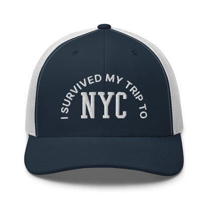 I Survived My Trip to NYC Embroidered Mesh Trucker Hat - Navy/ White