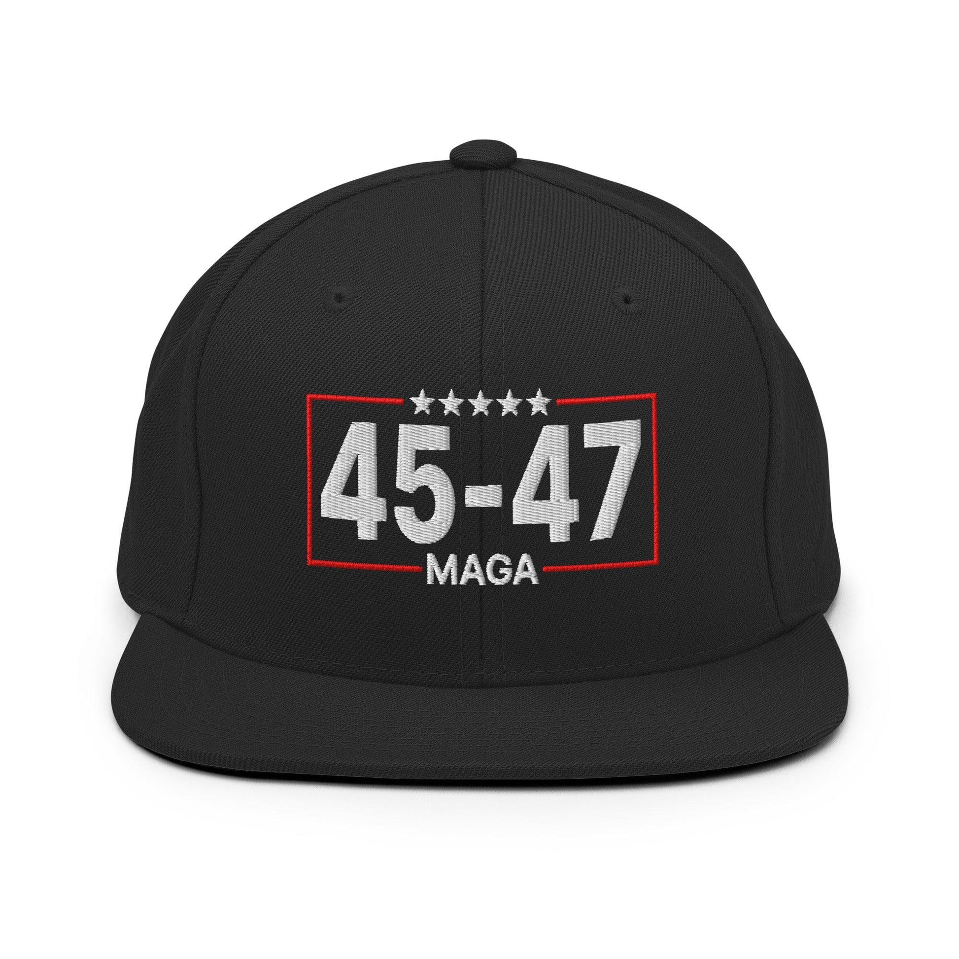 Trump 45-47 MAGA Embroidered Flat Bill Brim Snapback Hat - Black