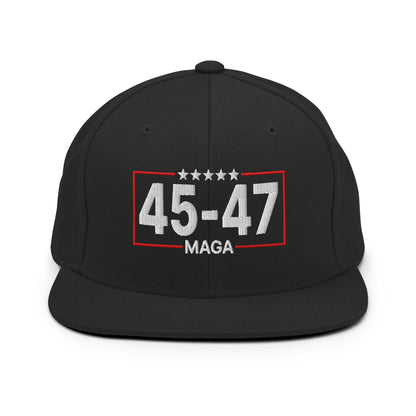 Trump 45-47 MAGA Embroidered Flat Bill Brim Snapback Hat - Black