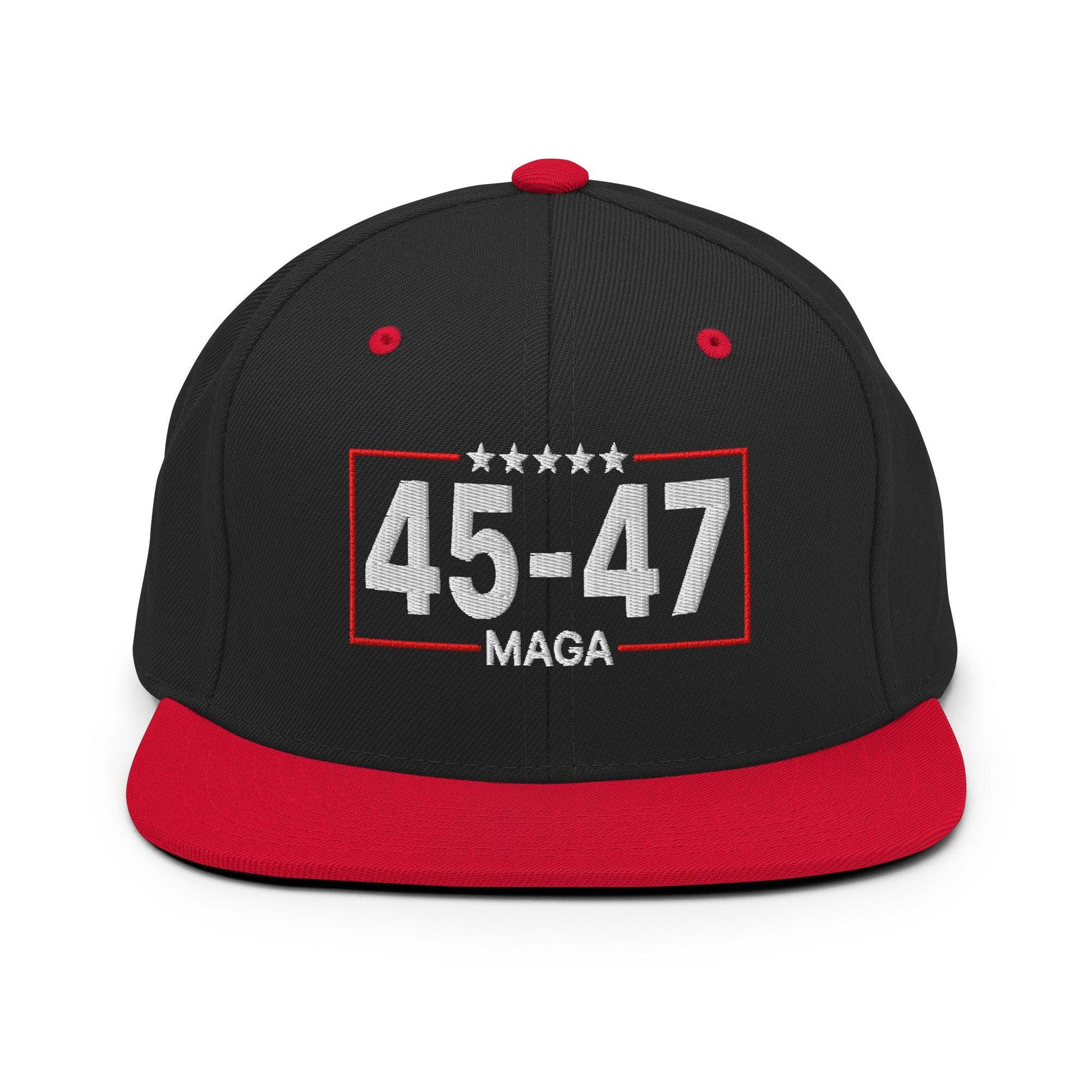 Trump 45-47 MAGA Embroidered Flat Bill Brim Snapback Hat - Black/ Red