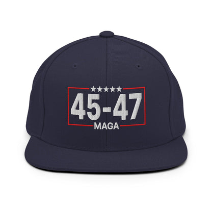 Trump 45-47 MAGA Embroidered Flat Bill Brim Snapback Hat - Navy