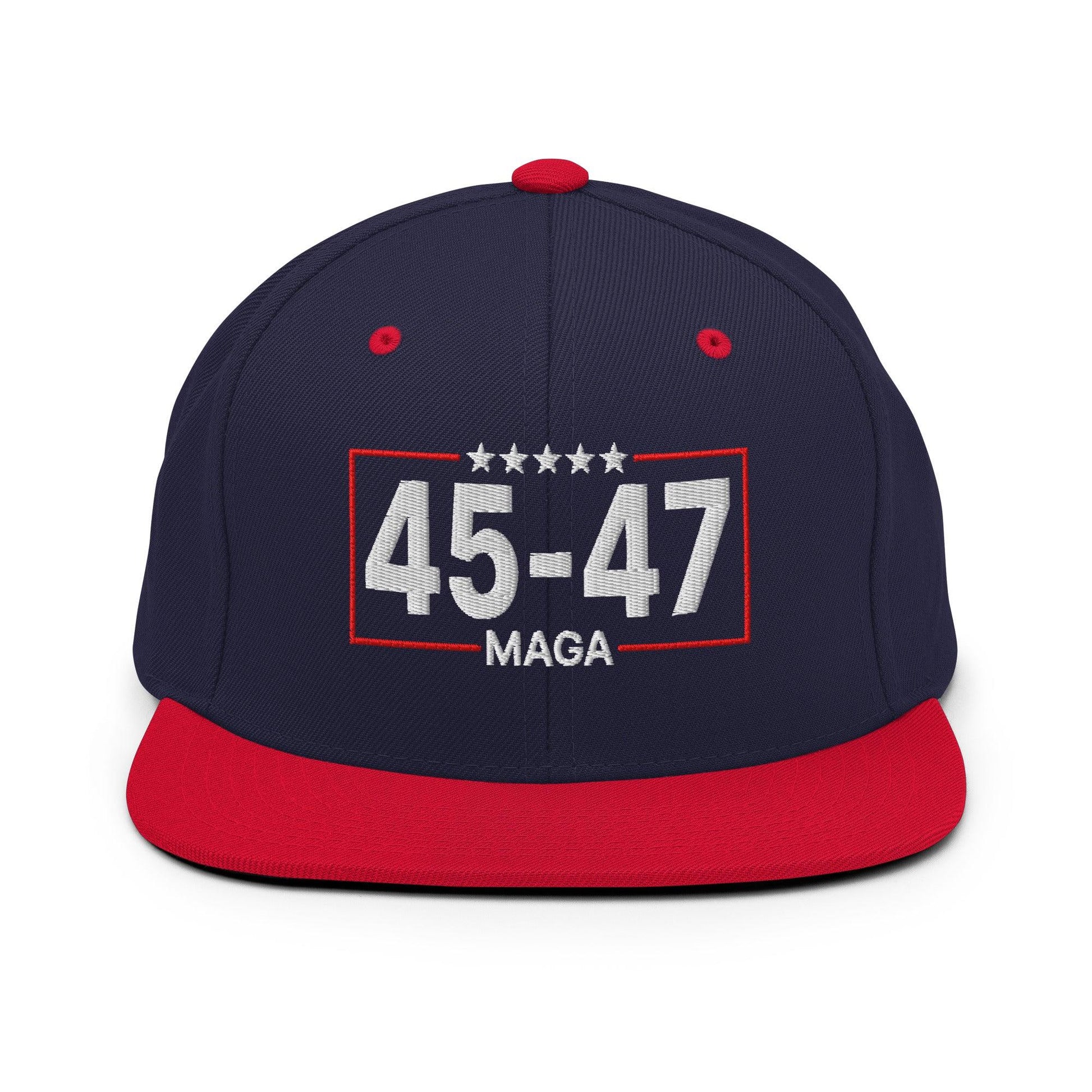 Trump 45-47 MAGA Embroidered Flat Bill Brim Snapback Hat - Navy/ Red