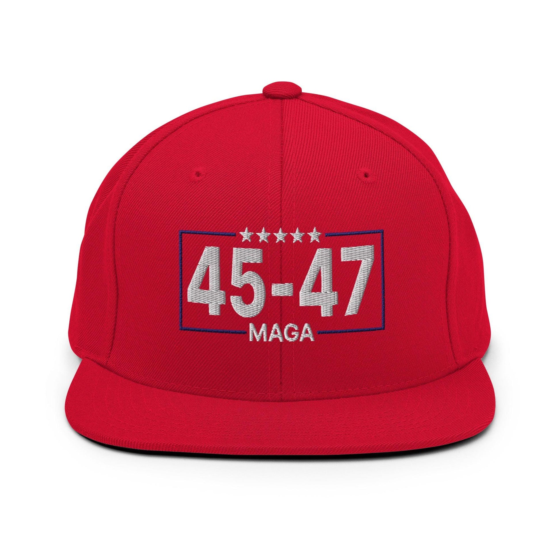 Trump 45-47 MAGA Embroidered Flat Bill Brim Snapback Hat - Red