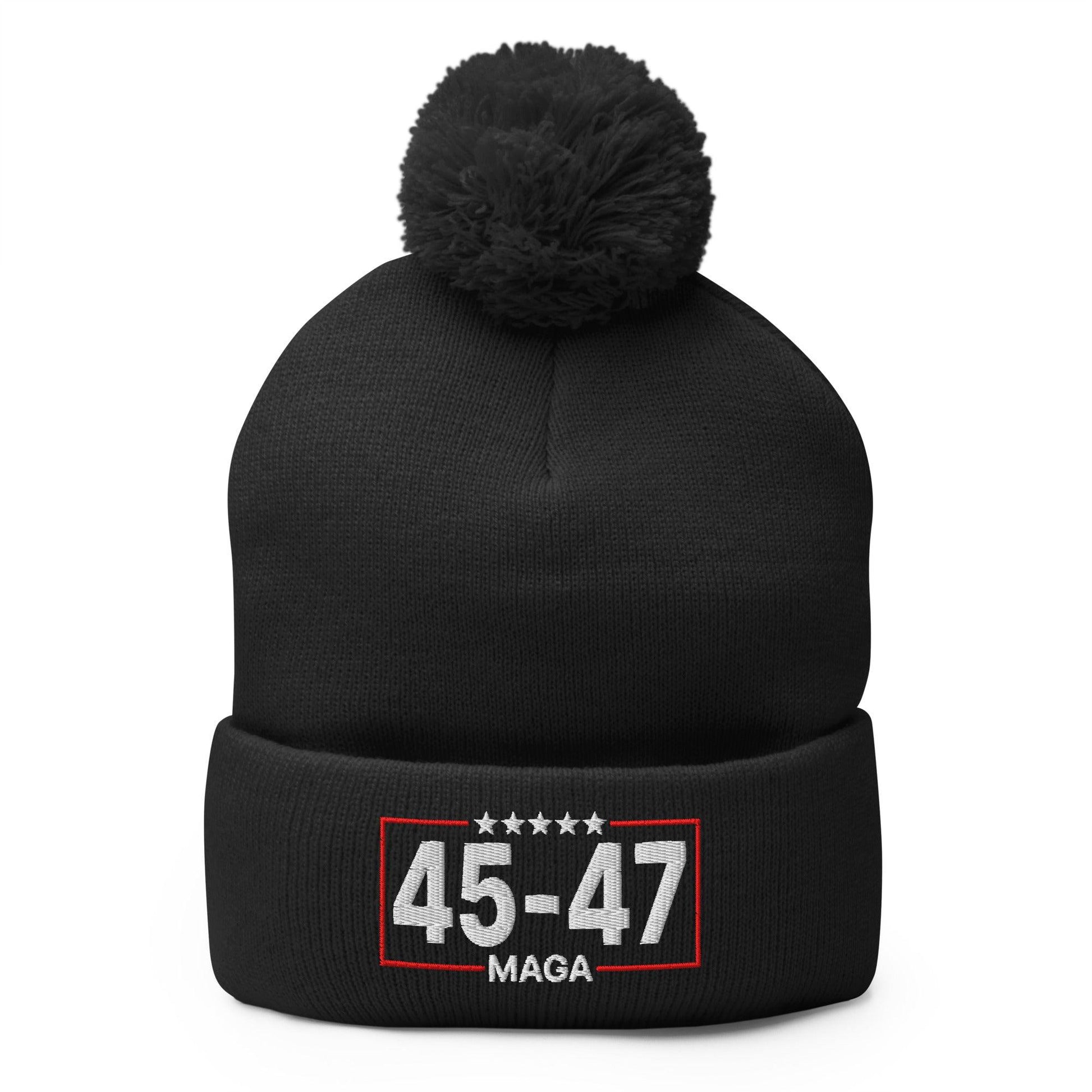 Trump 45-47 MAGA Embroidered Knit Pom Beanie - Black