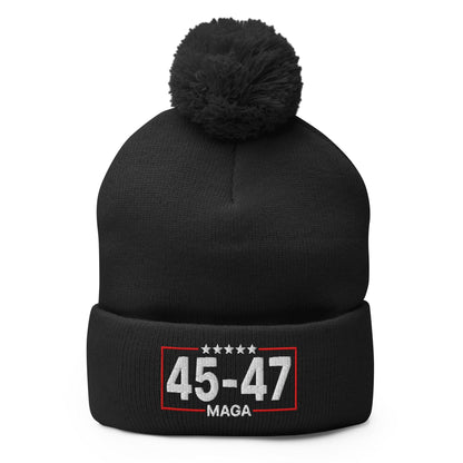 Trump 45-47 MAGA Embroidered Knit Pom Beanie - Black