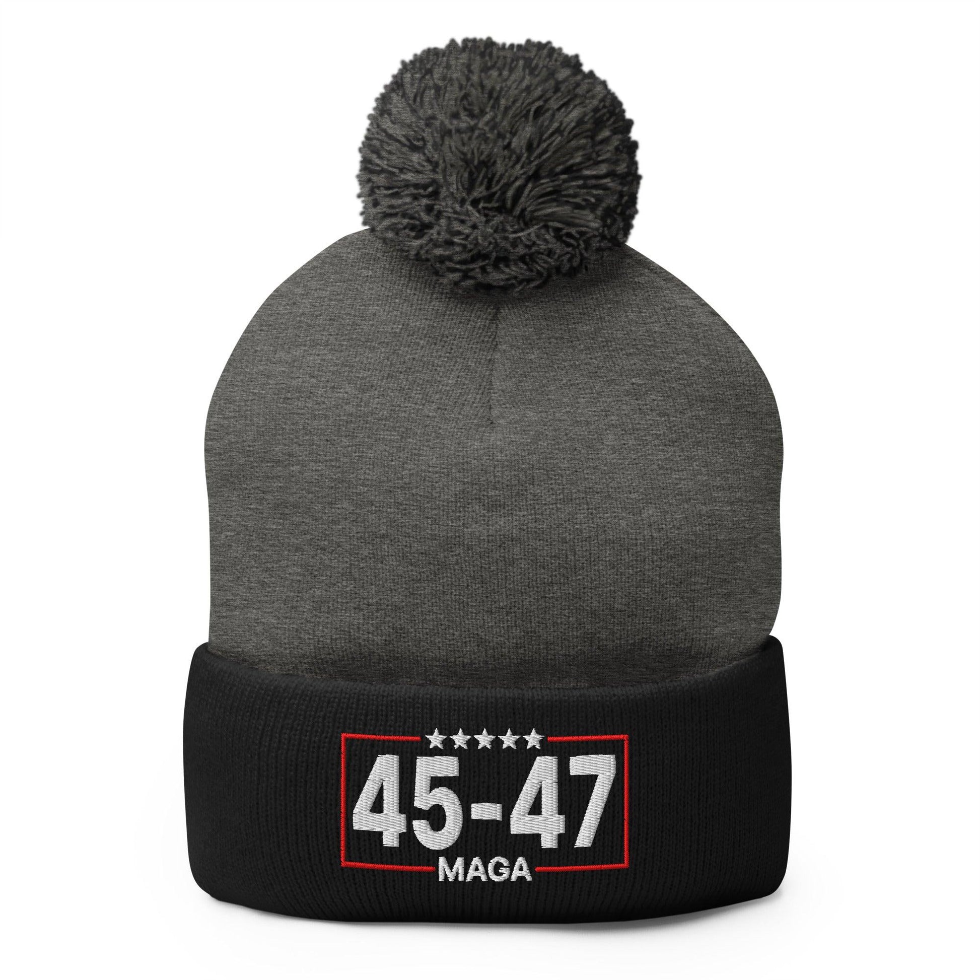 Trump 45-47 MAGA Embroidered Knit Pom Beanie - Dark Heather Grey/ Black