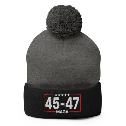 Trump 45-47 MAGA Embroidered Knit Pom Beanie - Dark Heather Grey/ Black