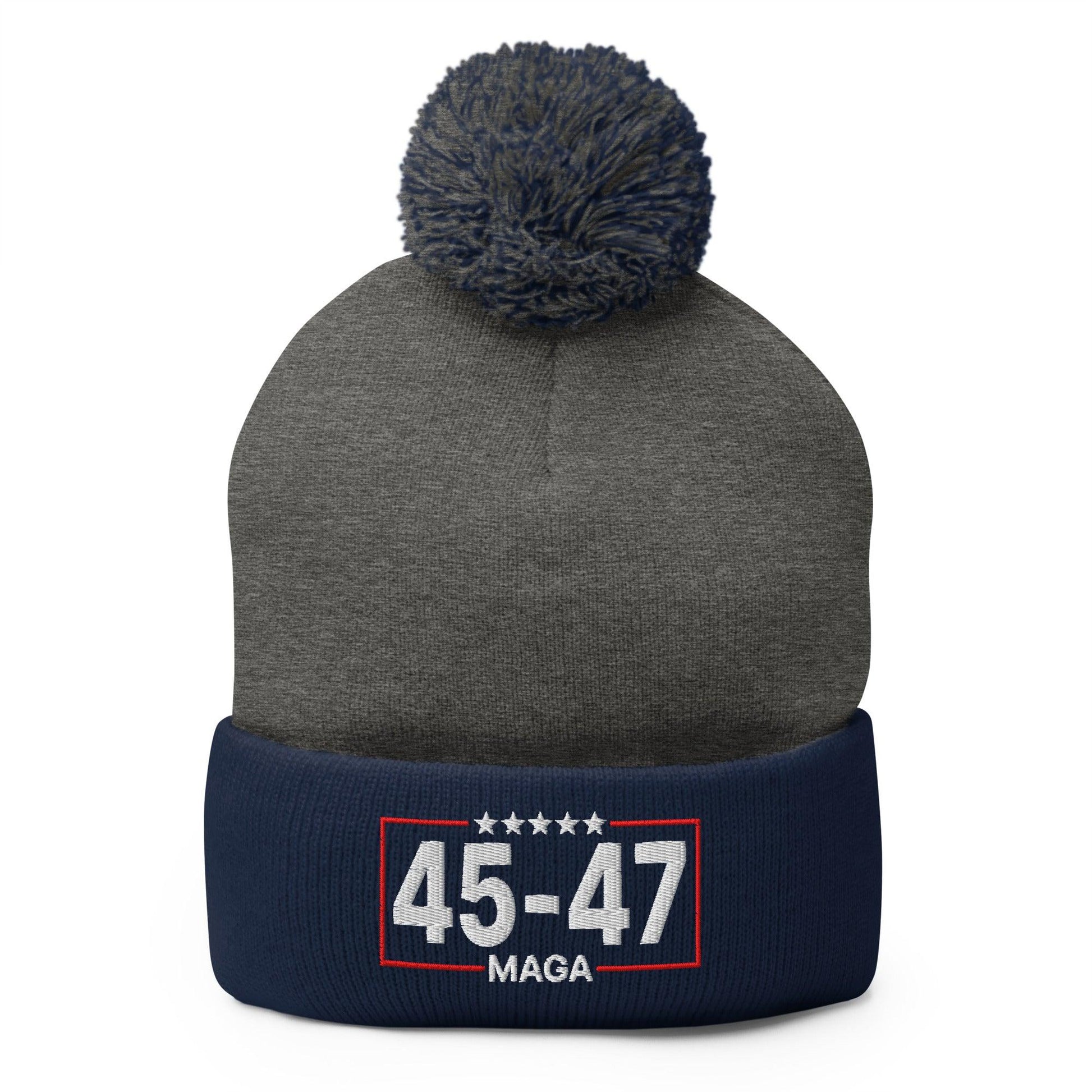 Trump 45-47 MAGA Embroidered Knit Pom Beanie - Dark Heather Grey/ Navy