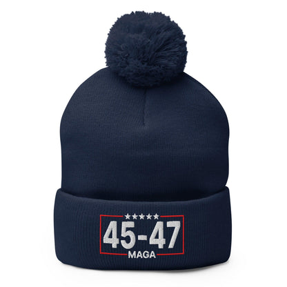 Trump 45-47 MAGA Embroidered Knit Pom Beanie - Navy