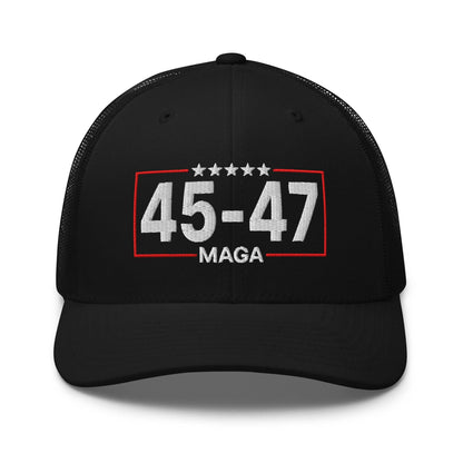 Trump 45-47 MAGA Embroidered Mesh Trucker Hat - Black