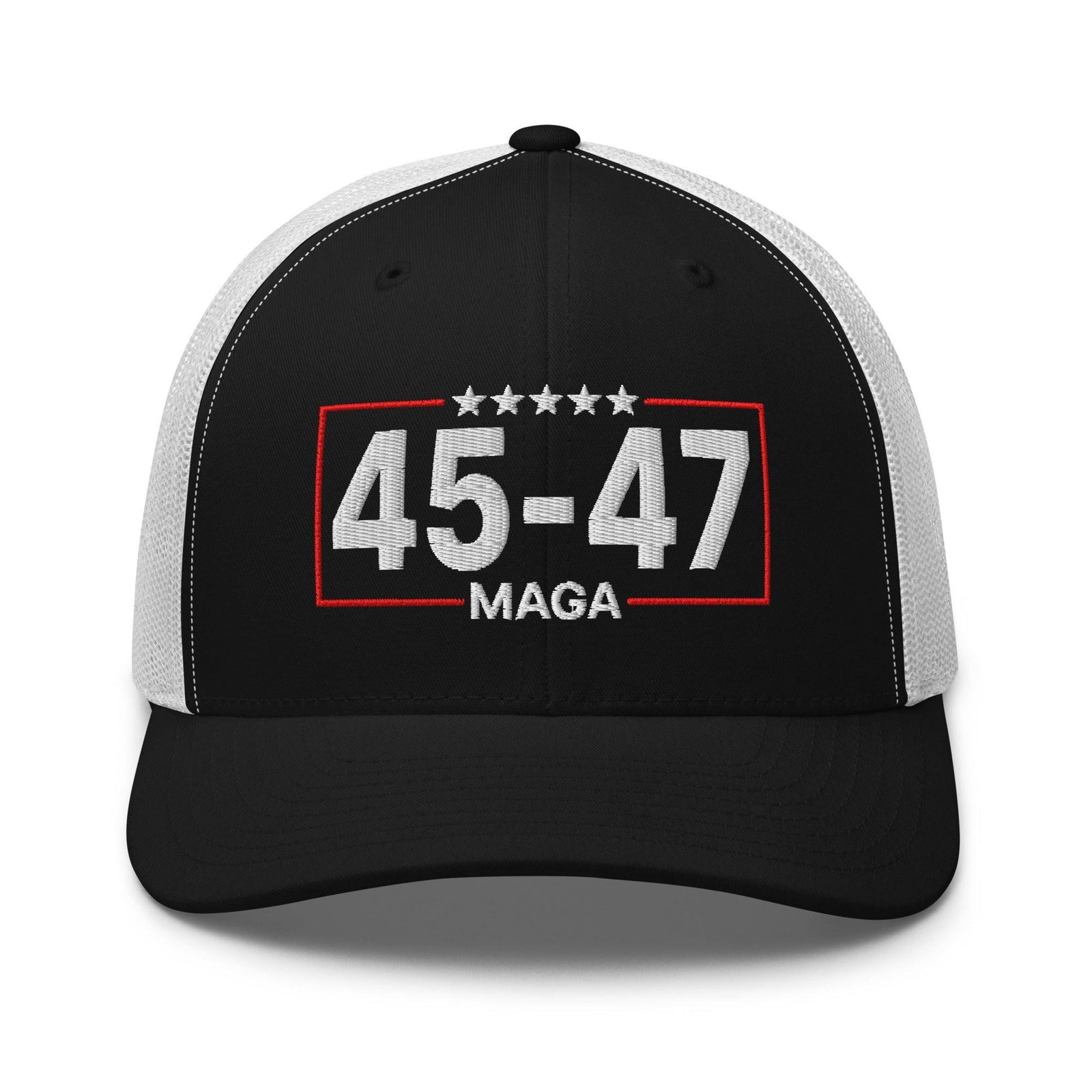 Trump 45-47 MAGA Embroidered Mesh Trucker Hat - Black/ White