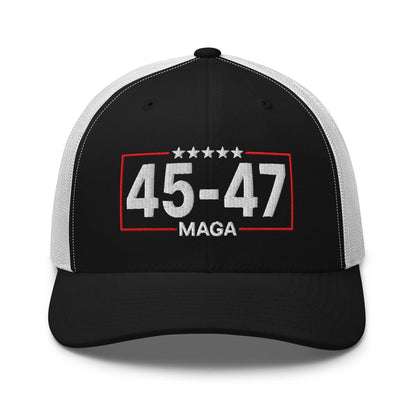 Trump 45-47 MAGA Embroidered Mesh Trucker Hat - Black/ White