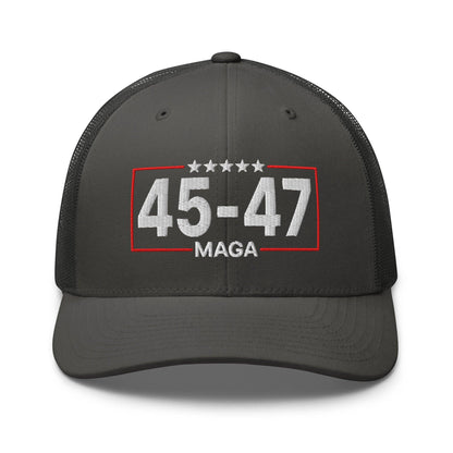 Trump 45-47 MAGA Embroidered Mesh Trucker Hat - Charcoal