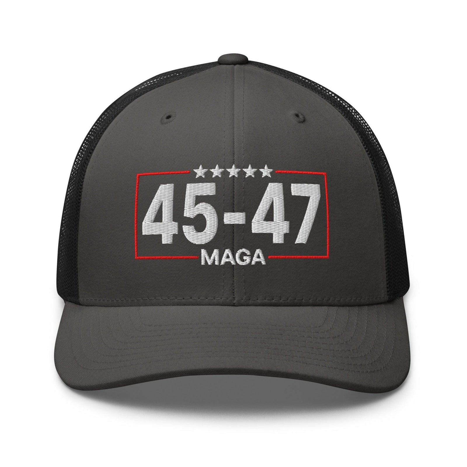 Trump 45-47 MAGA Embroidered Mesh Trucker Hat - Charcoal/ Black