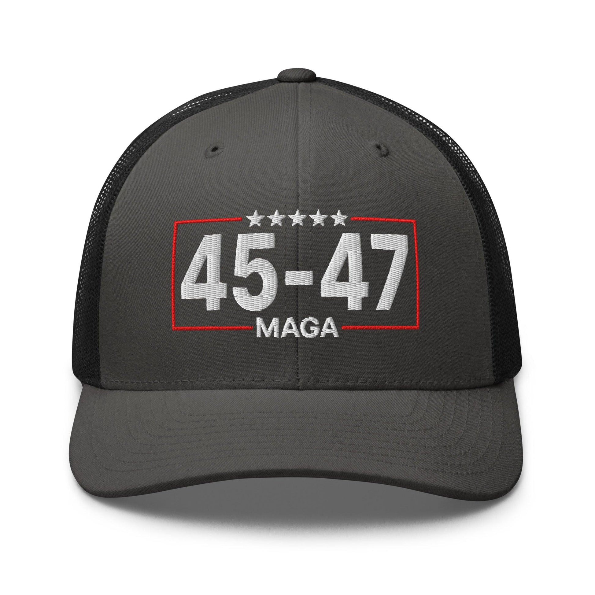 Trump 45-47 MAGA Embroidered Mesh Trucker Hat - Charcoal/ Black