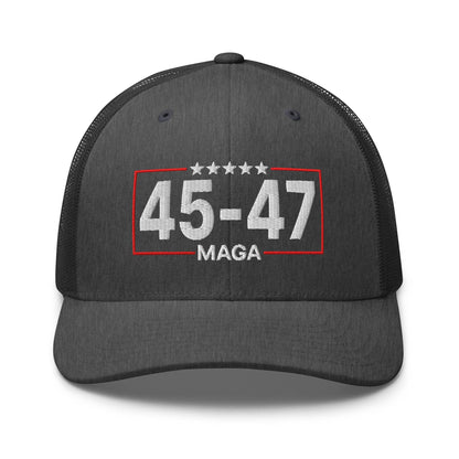 Trump 45-47 MAGA Embroidered Mesh Trucker Hat - Dark Heather Gray
