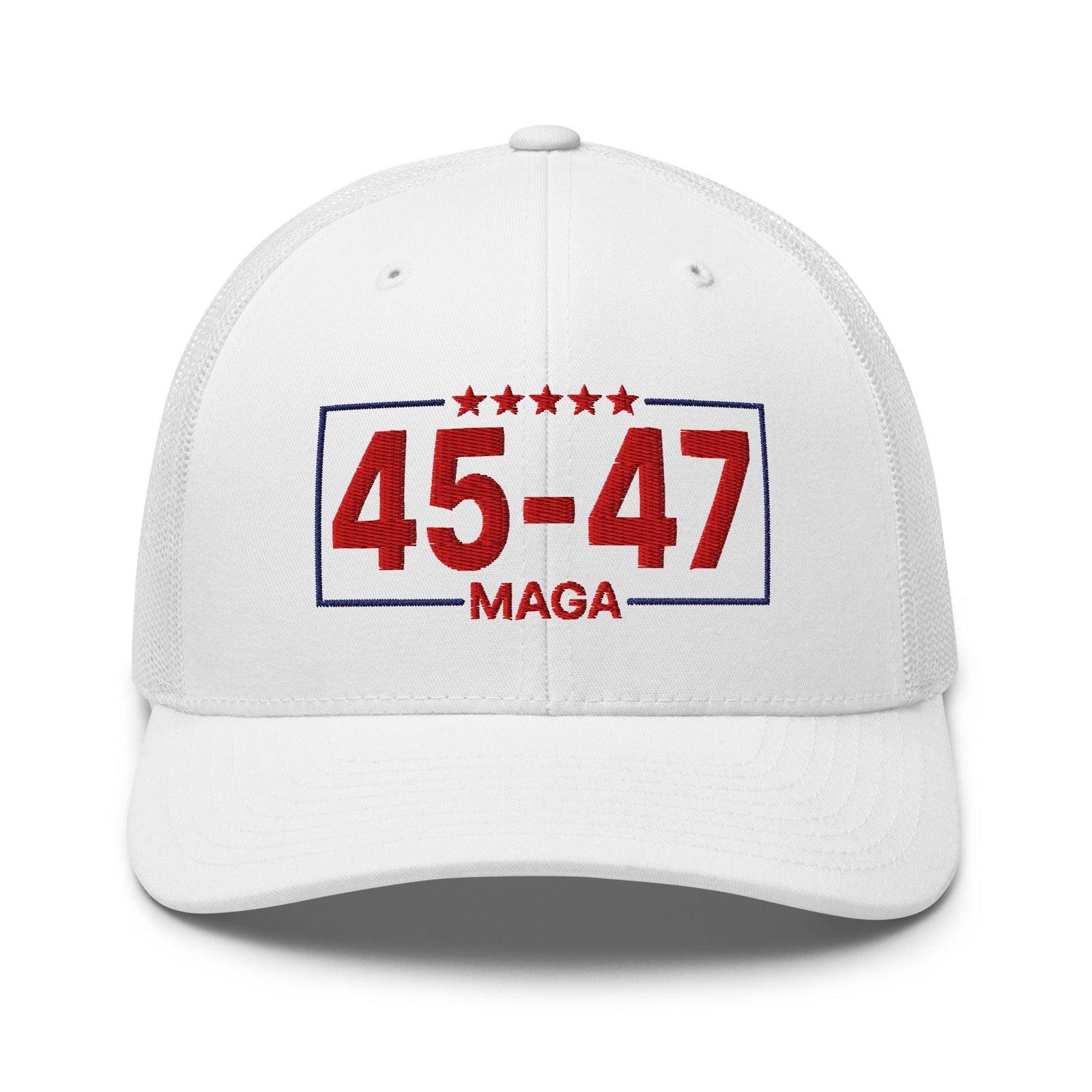 Trump 45-47 MAGA Embroidered Mesh Trucker Hat - White