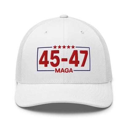 Trump 45-47 MAGA Embroidered Mesh Trucker Hat - White