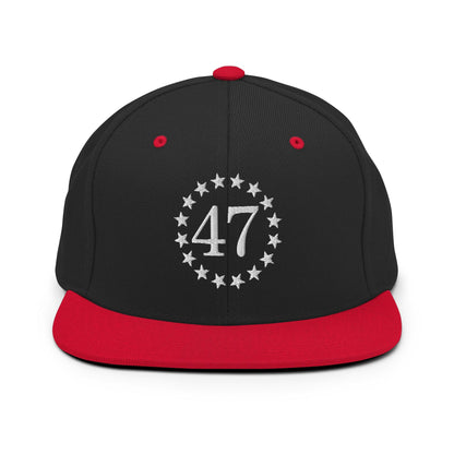 Trump 47 Embroidered Flat Bill Brim Snapback Hat - Black/ Red