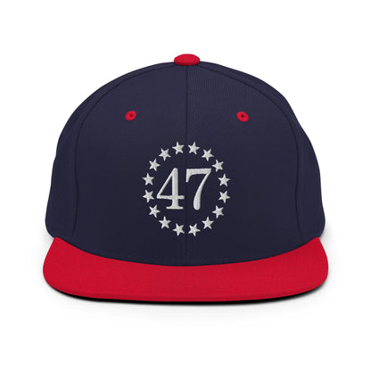 Trump 47 Embroidered Flat Bill Brim Snapback Hat - Navy/ Red