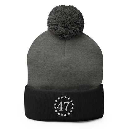 Trump 47 Embroidered Knit Pom Beanie - Dark Heather Grey/ Black