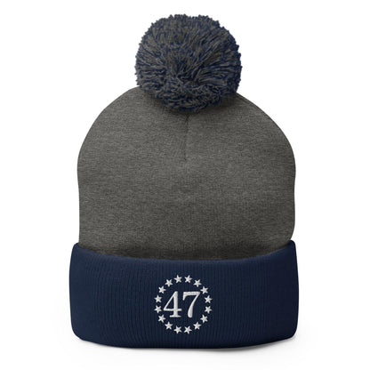 Trump 47 Embroidered Knit Pom Beanie - Dark Heather Grey/ Navy