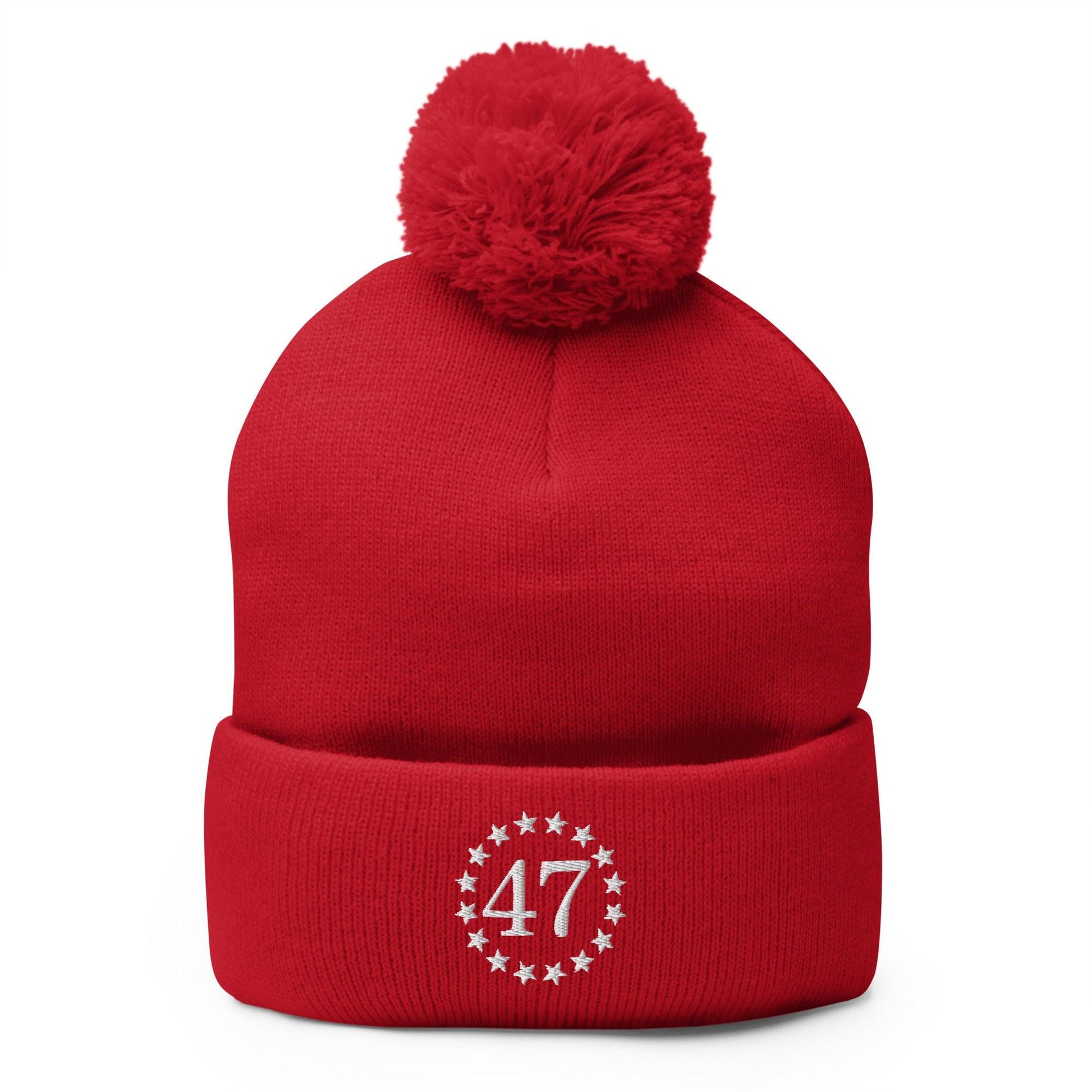 Trump 47 Embroidered Knit Pom Beanie - Red