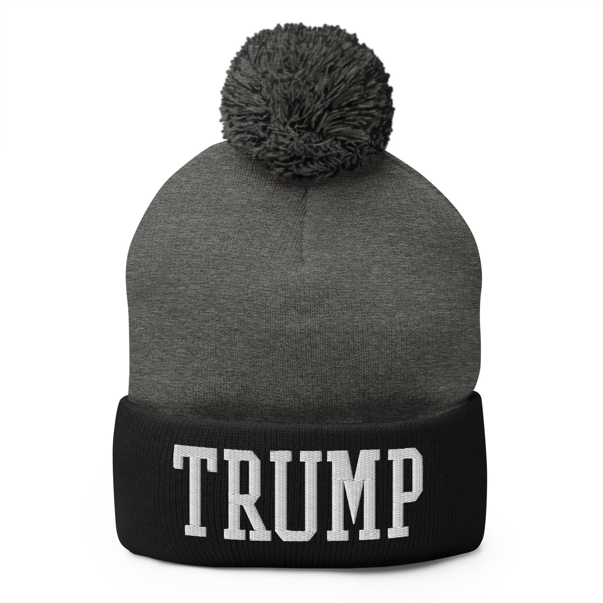 Trump Embroidered Knit Pom Beanie - Dark Heather Grey/ Black