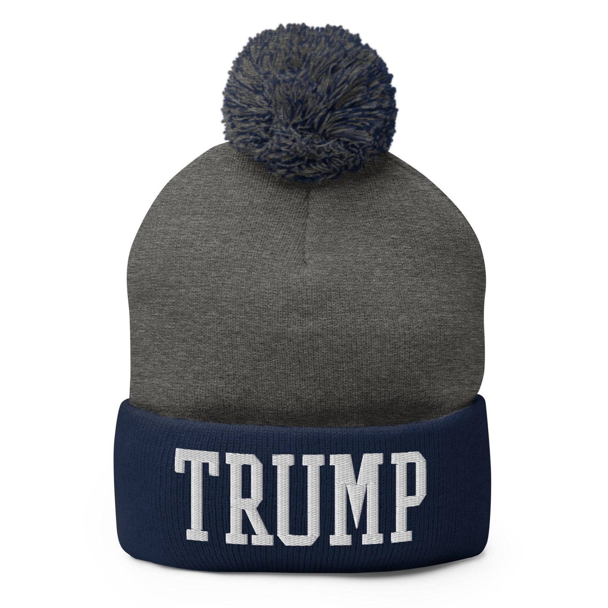 Trump Embroidered Knit Pom Beanie - Dark Heather Grey/ Navy