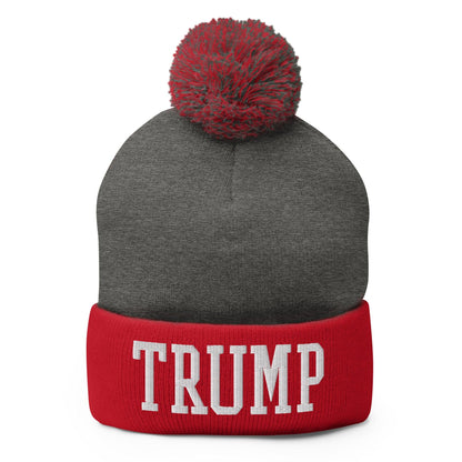 Trump Embroidered Knit Pom Beanie - Dark Heather Grey/ Red