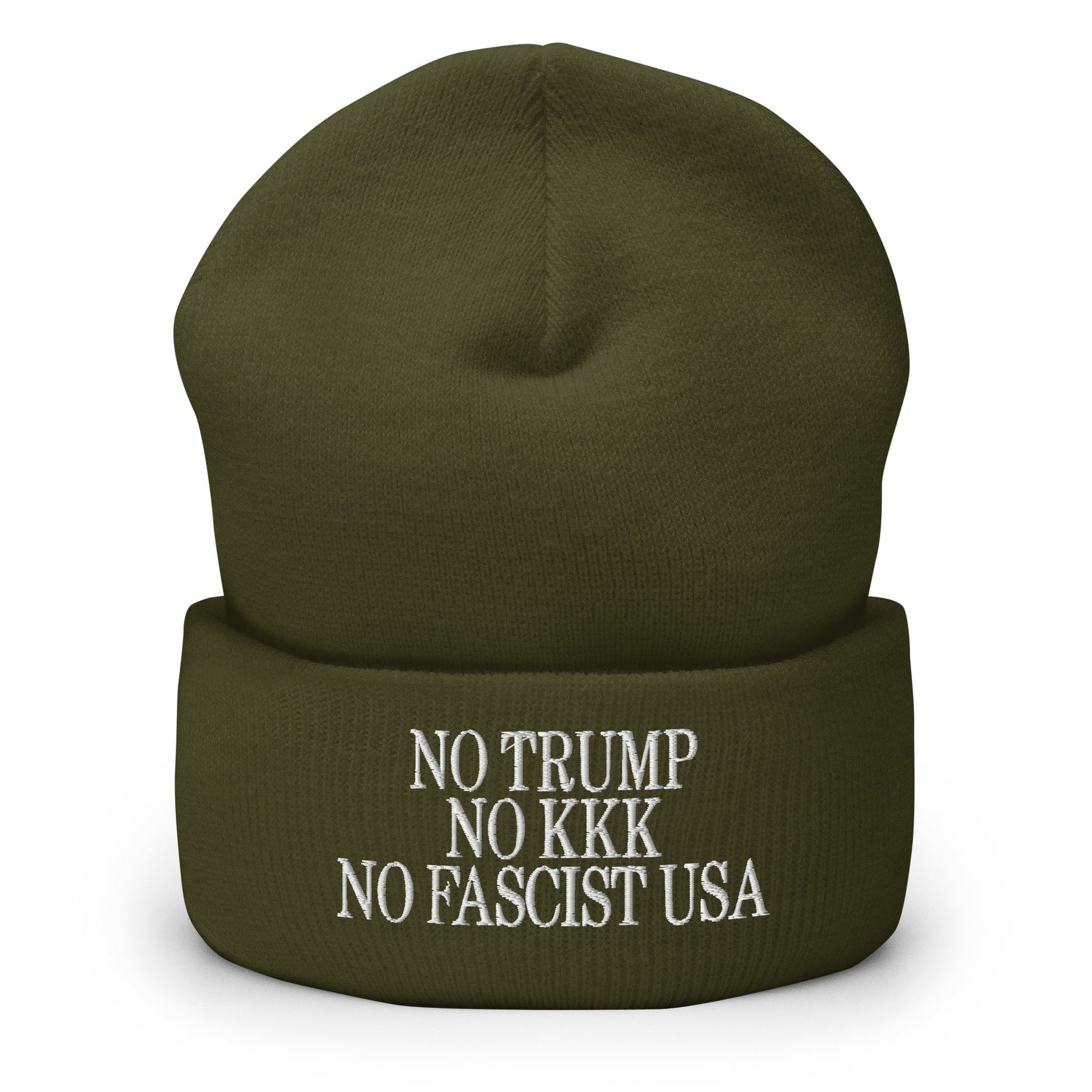 No Trump KKK Fascist USA Embroidered Cuffed Knit Beanie - Olive