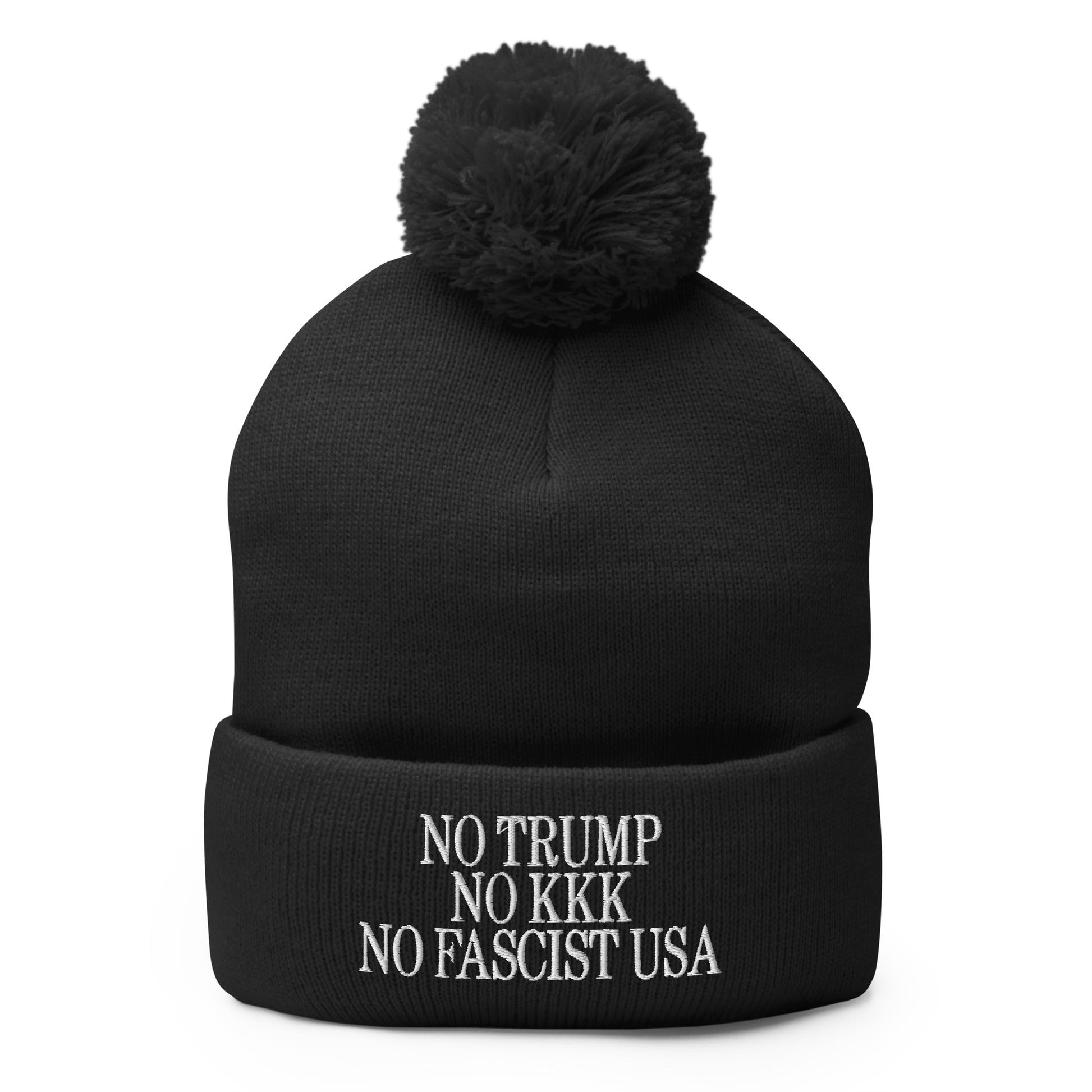 No Trump KKK Fascist USA Embroidered Pom Knit Beanie - Black