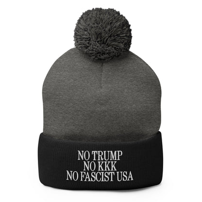 No Trump KKK Fascist USA Embroidered Pom Knit Beanie - Dark Heather Grey/ Black