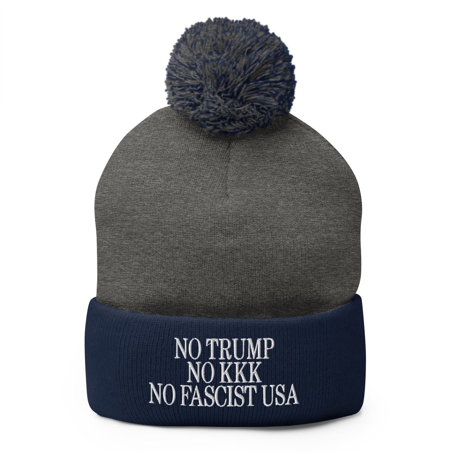 No Trump KKK Fascist USA Embroidered Pom Knit Beanie - Dark Heather Grey/ Navy