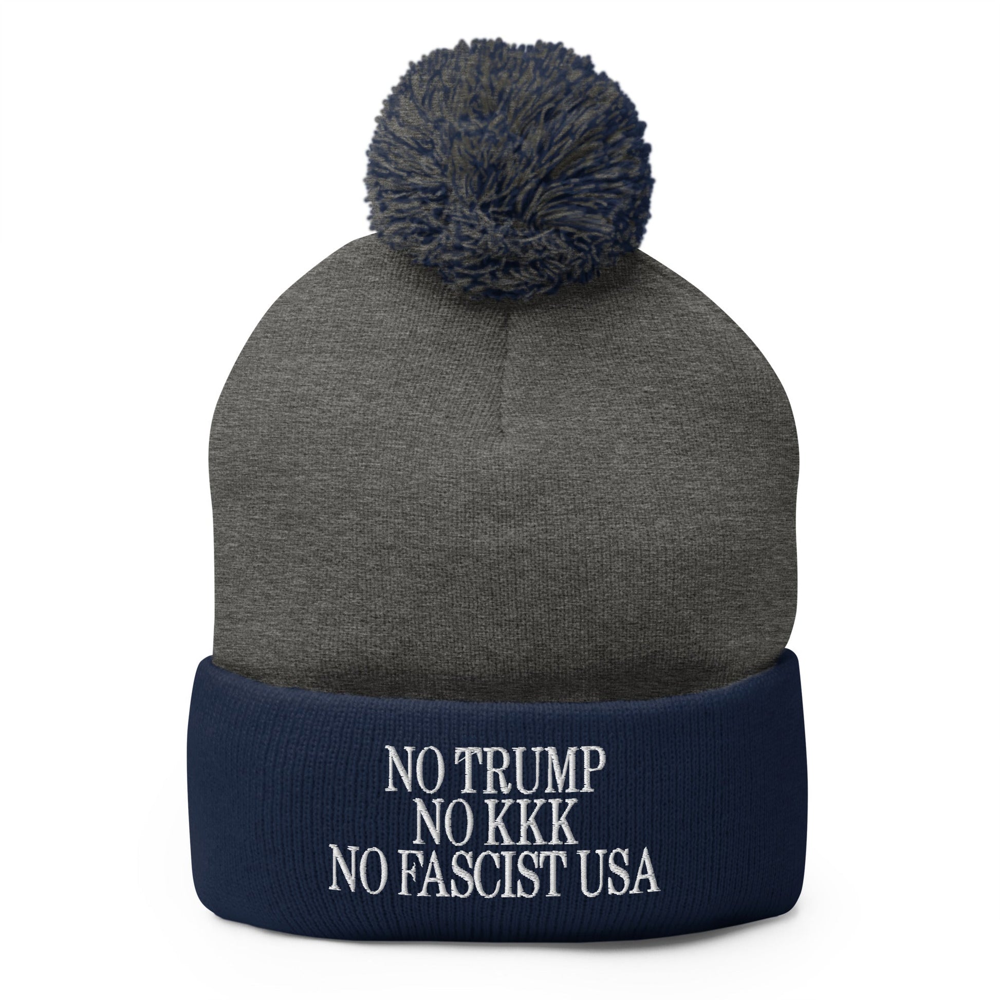 No Trump KKK Fascist USA Embroidered Pom Knit Beanie - Dark Heather Grey/ Navy