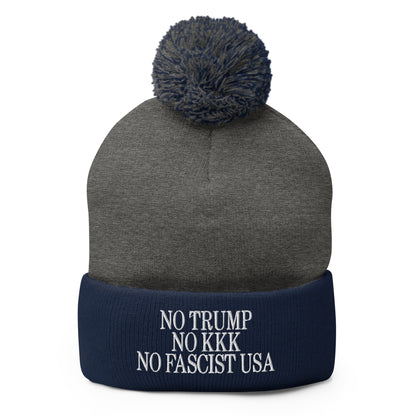 No Trump KKK Fascist USA Embroidered Pom Knit Beanie - Dark Heather Grey/ Navy