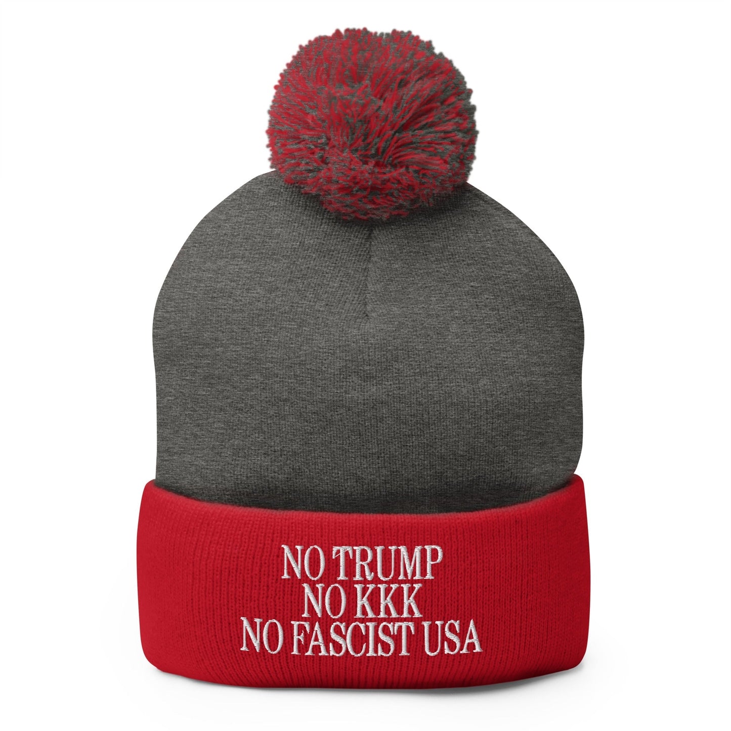 No Trump KKK Fascist USA Embroidered Pom Knit Beanie - Dark Heather Grey/ Red