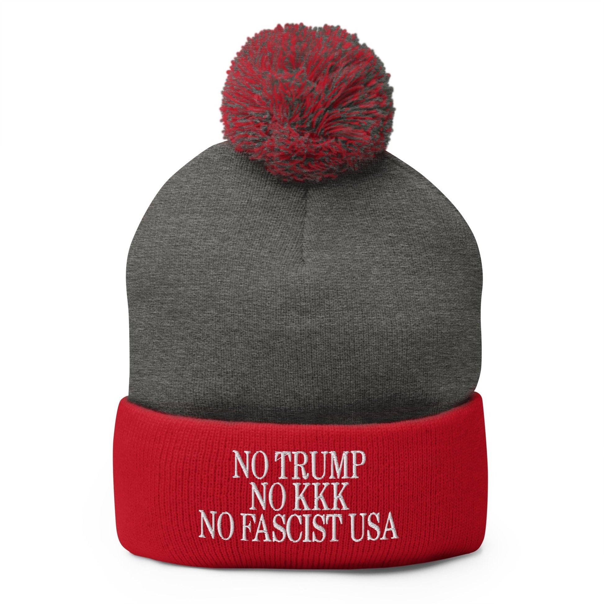 No Trump KKK Fascist USA Embroidered Pom Knit Beanie - Dark Heather Grey/ Red