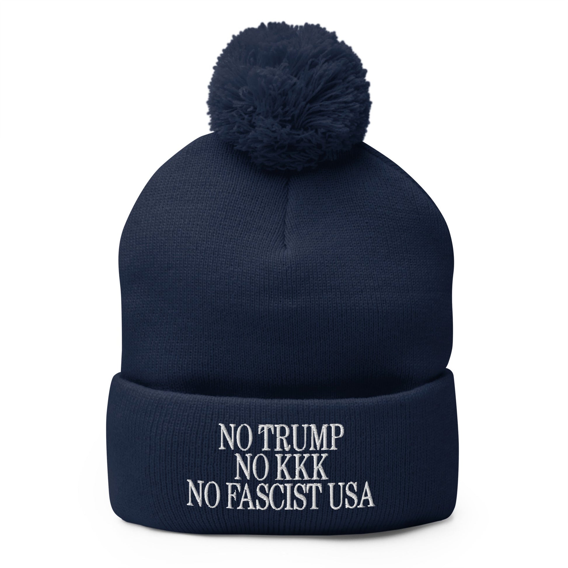 No Trump KKK Fascist USA Embroidered Pom Knit Beanie - Navy