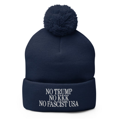 No Trump KKK Fascist USA Embroidered Pom Knit Beanie - Navy