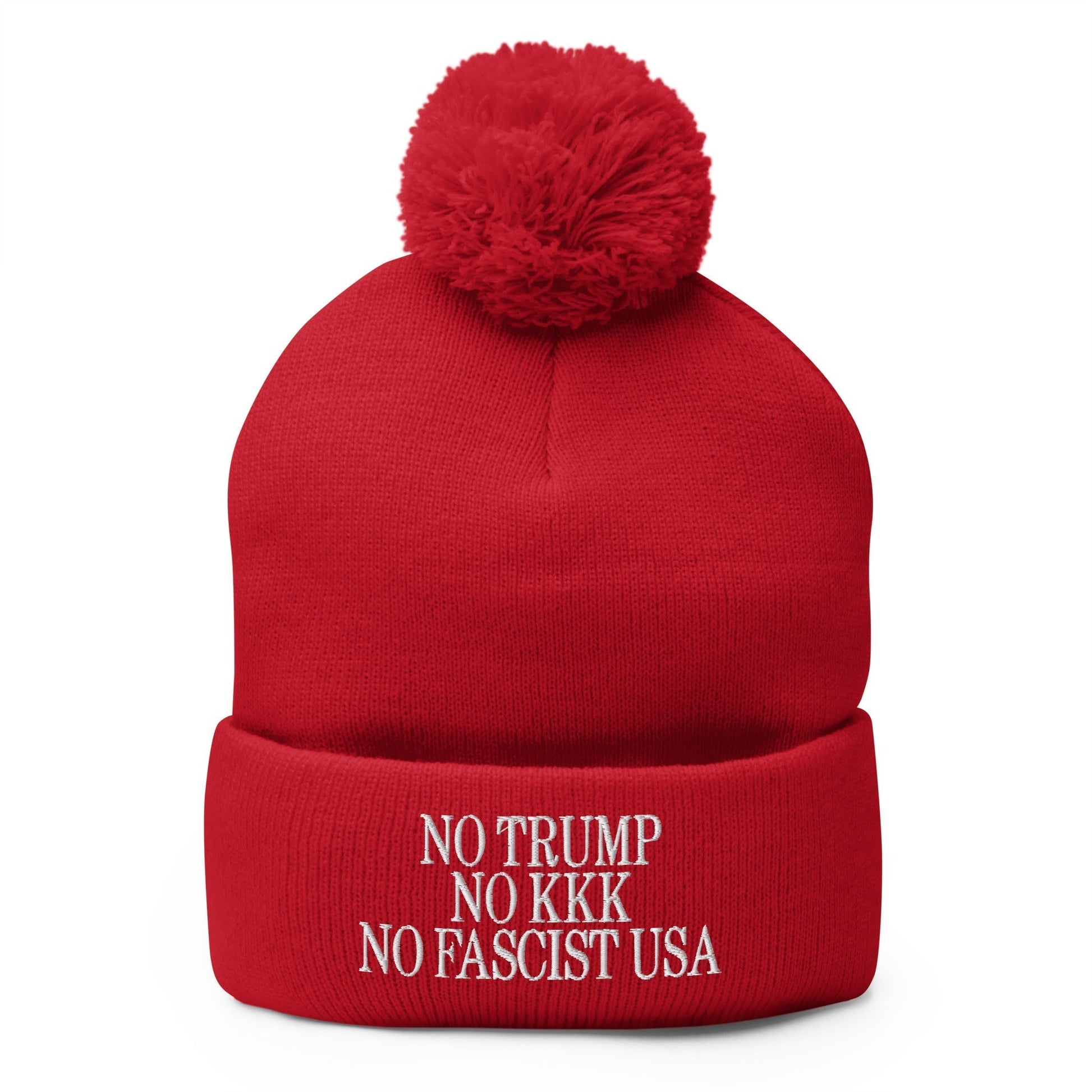 No Trump KKK Fascist USA Embroidered Pom Knit Beanie - Red