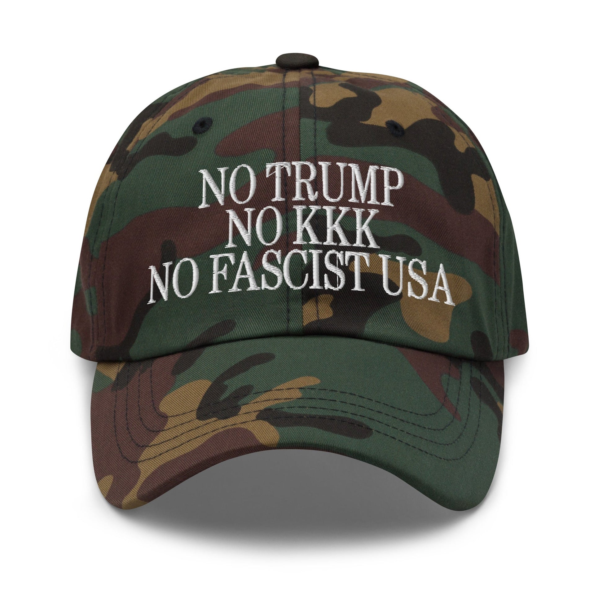 No Trump KKK Fascist USA Embroidered Unstructured Dad Hat - Green Camo