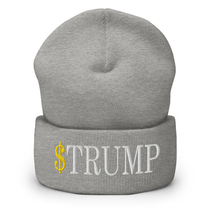 Gray knit beanie with embroidered text featuring official Trump Meme Coin branding