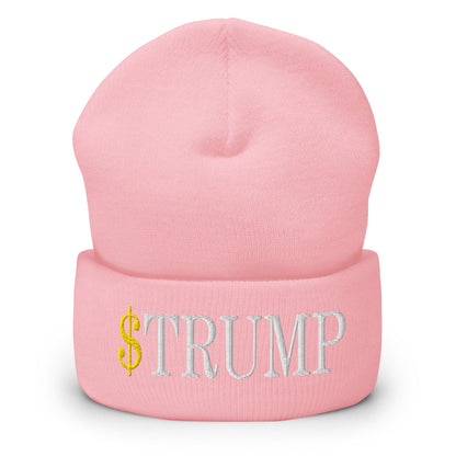 Pink cuffed knit beanie featuring official Trump meme coin embroidered design