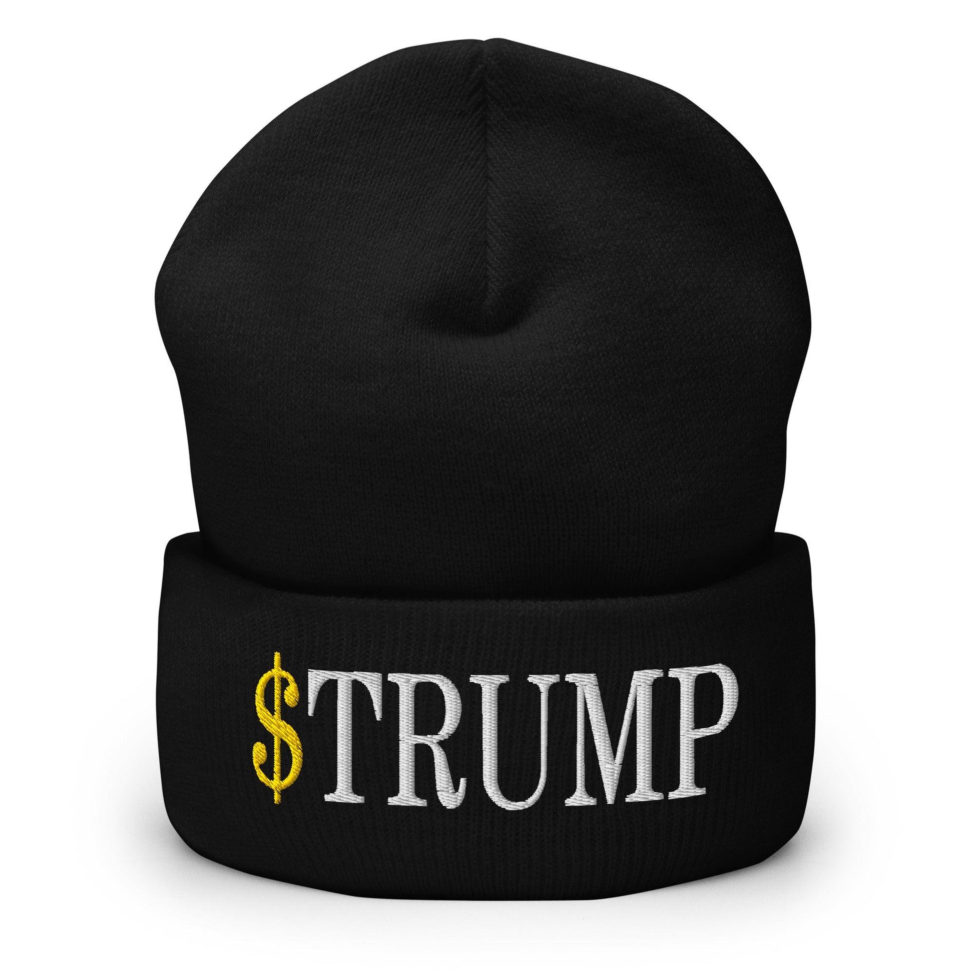 Black cuffed knit beanie with embroidered text featuring official Trump meme coin design